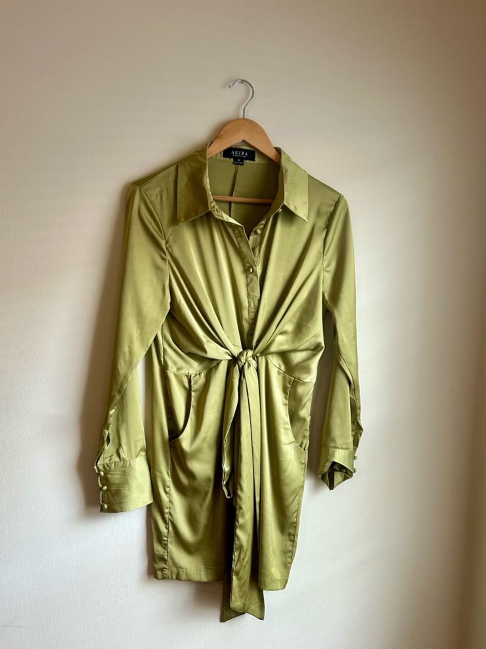 AKIRA Satin Shirt Dress in Olive